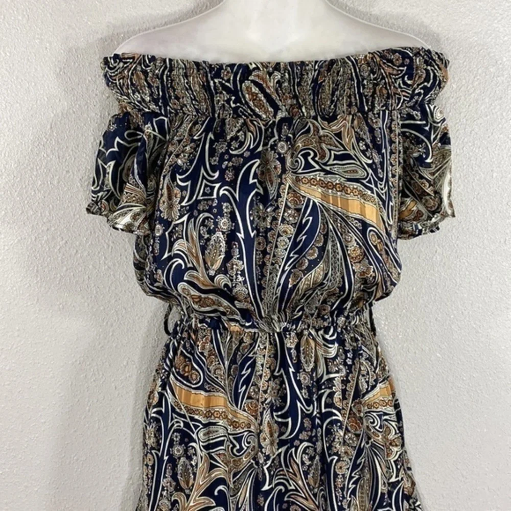 Lulu’s Always Right Navy Blue Multi Print Off-The-Shoulder Dress Small AD5